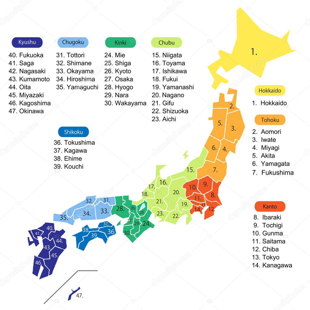 Japan map with prefecture name list divided into 8 areas.