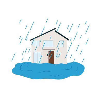 Şiddetli yağmur ile sular altında bir ev çizimi