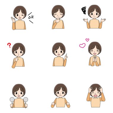 Genç kadın çeşitli hareket illüstrasyon kümesi.