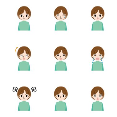 Genç kadın çeşitli ifadeler kümesi illüstrasyon.