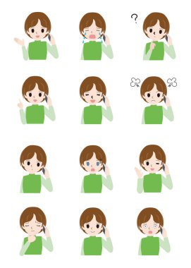 Kadın telefonda konuşurken çeşitli yüz ifadeleri çizimleri.