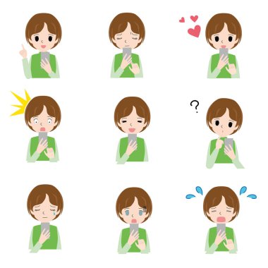 Kadınların akıllı telefonlar kullanarak çeşitli yüz ifadeleri gösterimi.