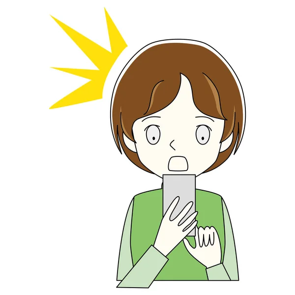 驚いた顔でスマート フォンを使用している女性のイラスト — ストックベクタ