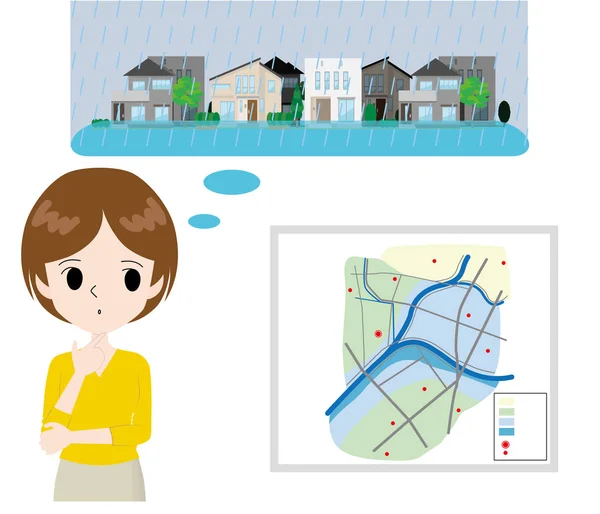 Mujer Pensando Mapa Peligro Caso Que Ciudad Inundó — Archivo Imágenes Vectoriales