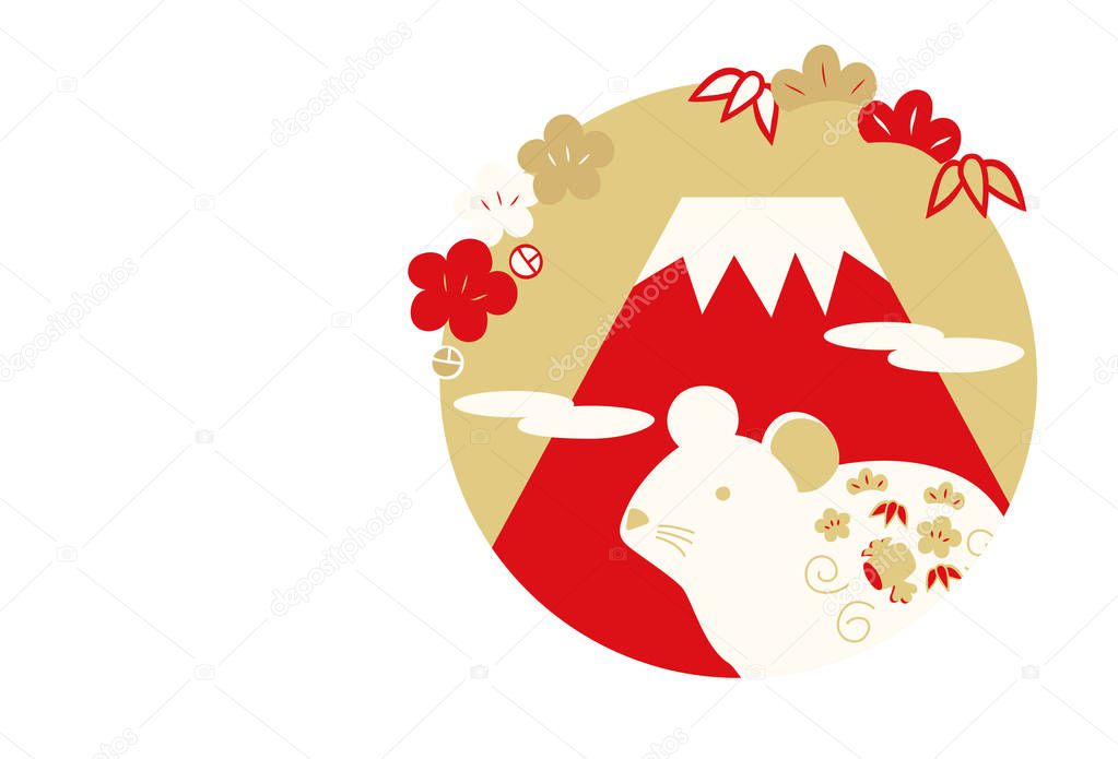 New Year card illustration of Mount Fuji and white mouse(Gold red version)