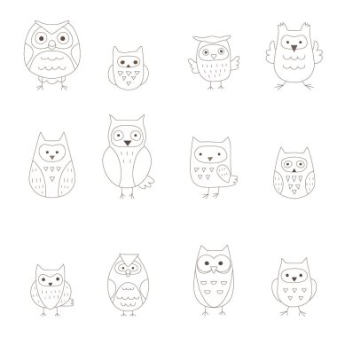 Çeşitli baykuş illüstrasyonları koleksiyonu.