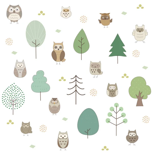 Çeşitli baykuş ve ağaçların desen illüstrasyon.