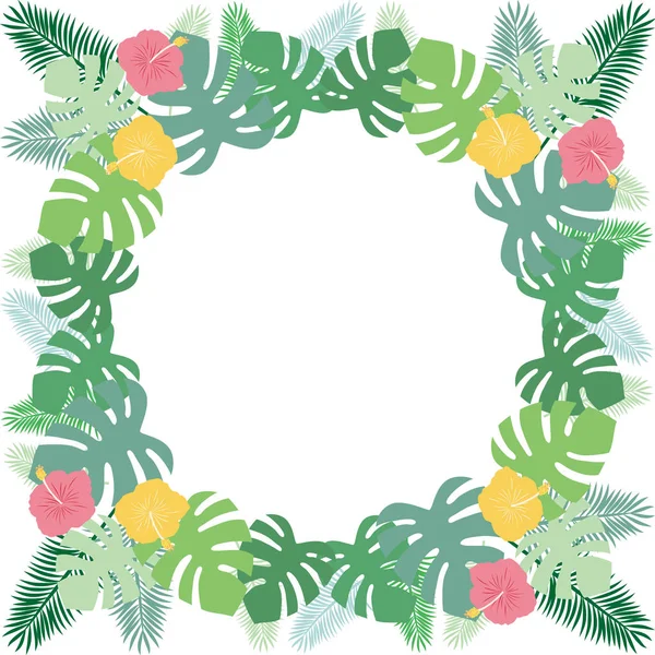 Ilustración de un marco circular con monstera y palma e hibisco . — Vector de stock