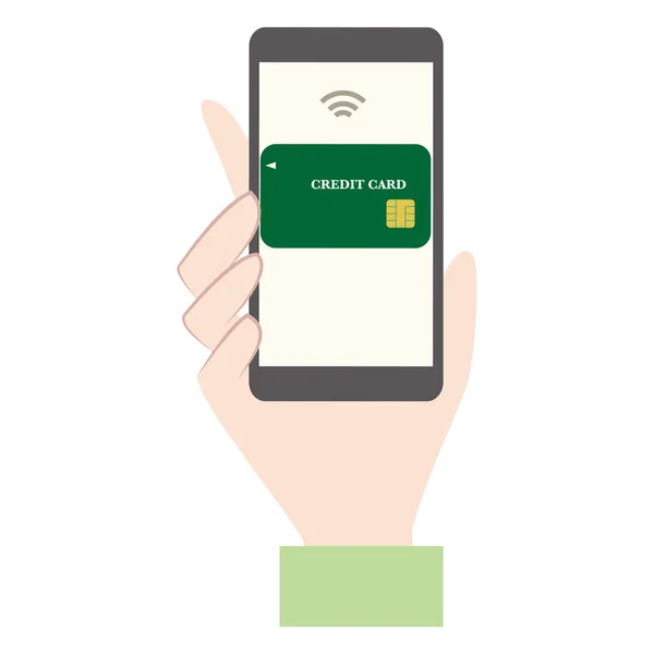 Illustratie van betalen met een creditcard met een smartphone. — Stockvector