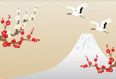 Arka planda erik ağacı ve vinç, gümüş Fuji Dağı ve Japon deseni ile Yeni Yıl görüntü İllüstrasyon.