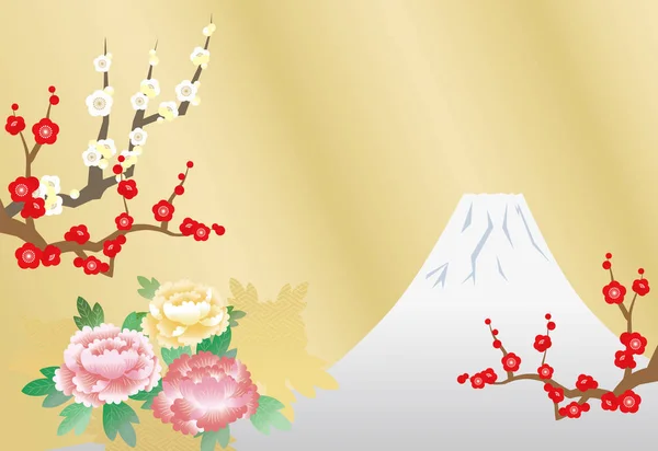 Ilustração da imagem de Ano Novo com flores de ameixa, peônia e prata Mt. Fuji e fundo gradiente dourado . — Vetor de Stock