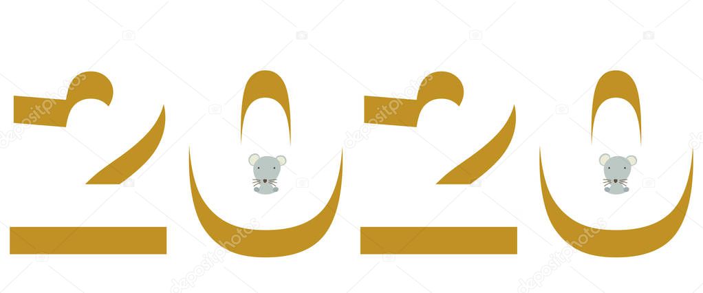 New year 2020 mouse year banner illustration. A combination of small mouse and three-dimensional numbers.