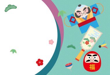 Hagoita ve uçurtma, daruma yeni yıl kartı illüstrasyon.