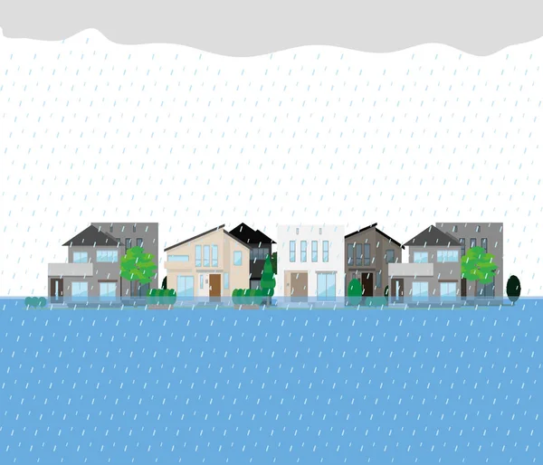 住宅地における洪水と降雨のイラスト. — ストックベクタ
