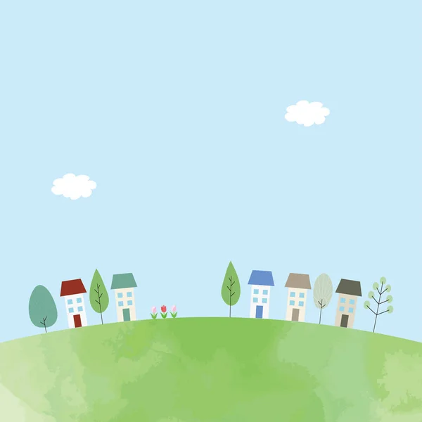 Şirin ağaçların ve şehir manzarasının çizimi.