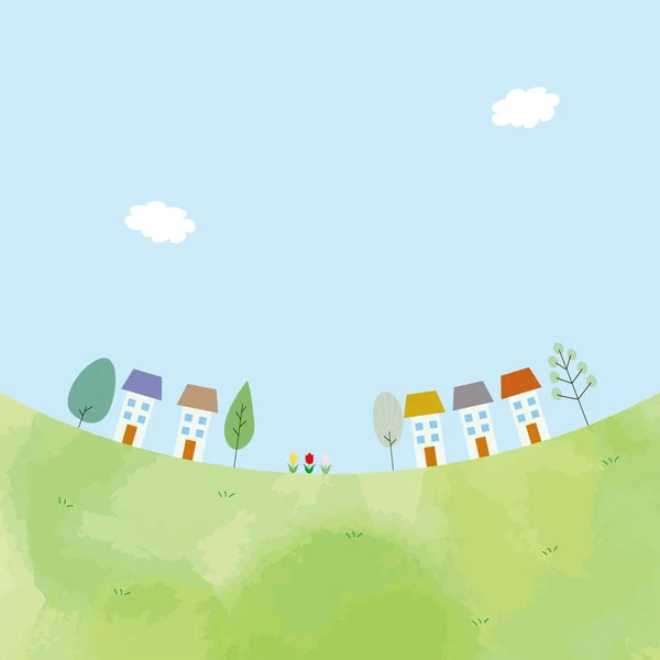 Şirin ağaçların ve şehir manzarasının çizimi.