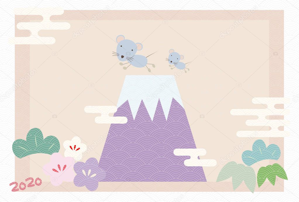 Illustration of New Year's card with two mice, Mt. Fuji, pine, bamboo and plum.