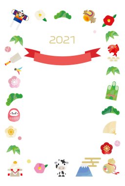 İnek ve çerçeve şeklinde bir uğur ikonu olan yeni yıl resmi..