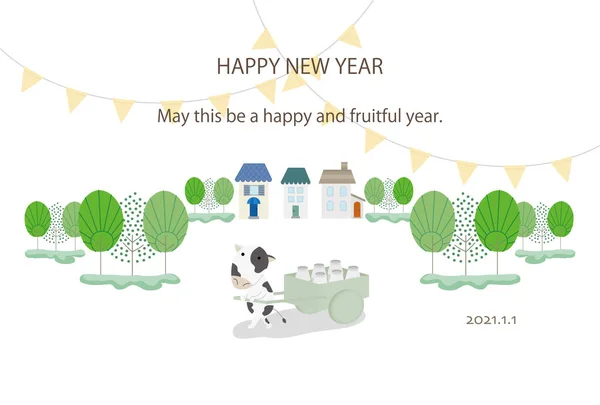 At arabasında süt kutusu taşıyan bir inek tasviri. (Standart bir selamlama ile.)