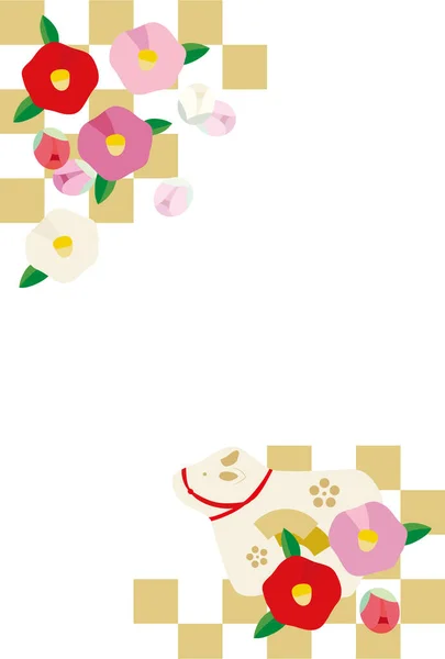 牛の人形と椿の花と斜めの格子模様でデザインされた新年のカードイラスト — ストックベクタ