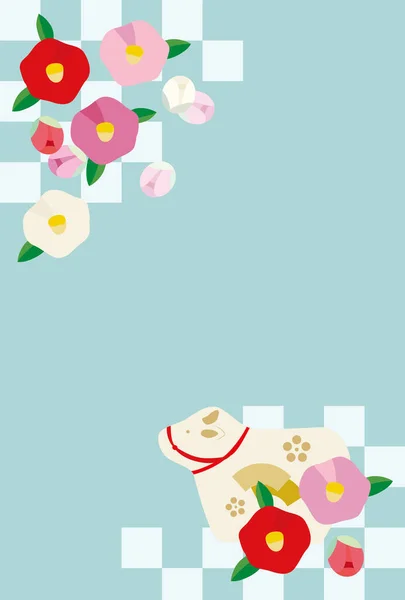 牛の人形と椿の花と斜めの格子模様でデザインされた新年のカードイラスト — ストックベクタ
