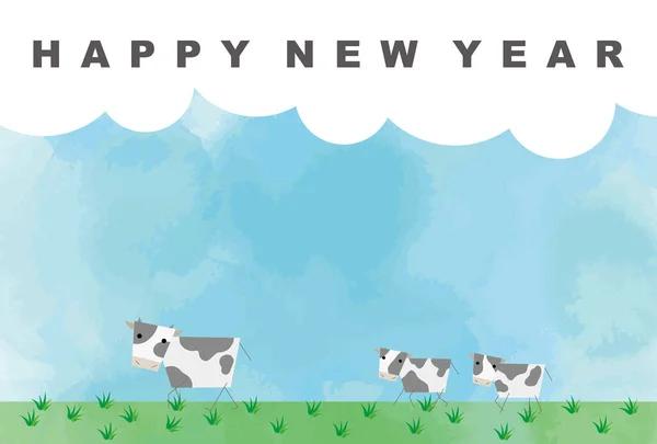 New Year Card Illustration Parent Child Holstein Cow Walking Pasture — Stock Vector