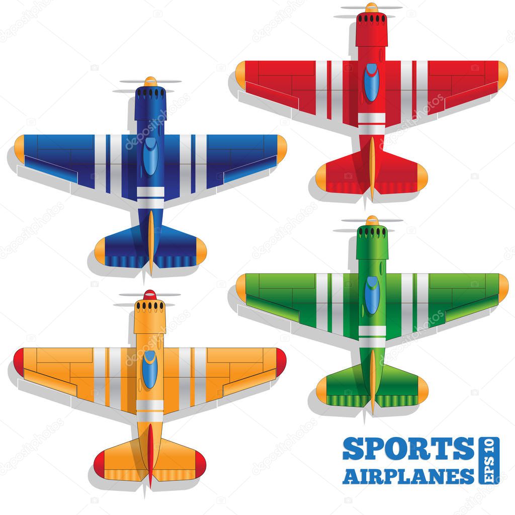 Set of sports airplanes on white background. View from above. Vector illustration.