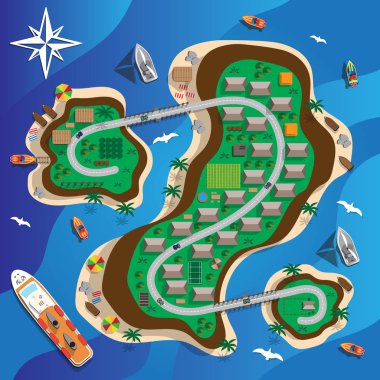 Kentin altyapı ile Adası Haritası. Yukarıdan görüntüleyin. Vektör çizim. 