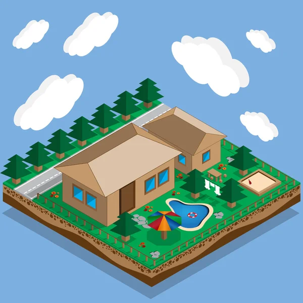 Planen Sie Ein Privates Haus Mit Innenhof Rasen Und Pool — Stockvektor