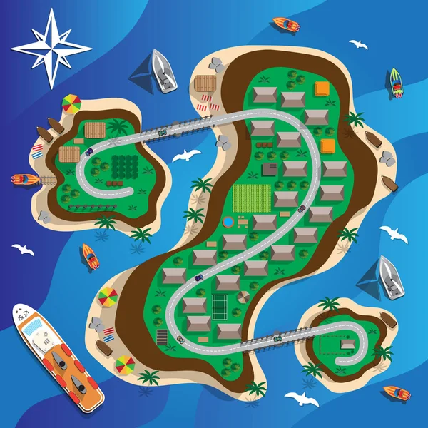 Kentin altyapı ile Adası Haritası. Yukarıdan görüntüleyin. Vektör çizim. 