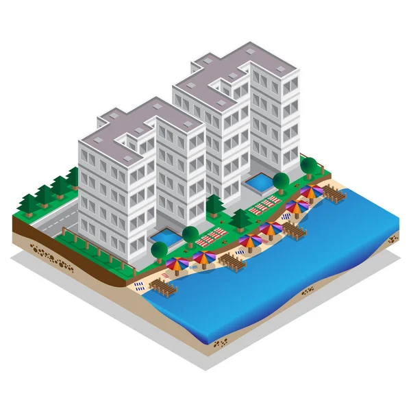 Resort Orilla Playa Isométrico Ilustración Vectorial — Vector de stock