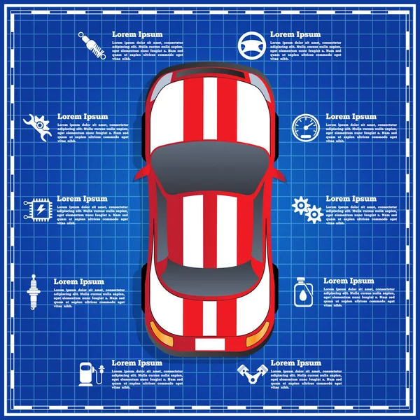 Araba Servisi Onarım Teşhis Mavi Bir Arka Plan Üzerinde Sunum — Stok Vektör