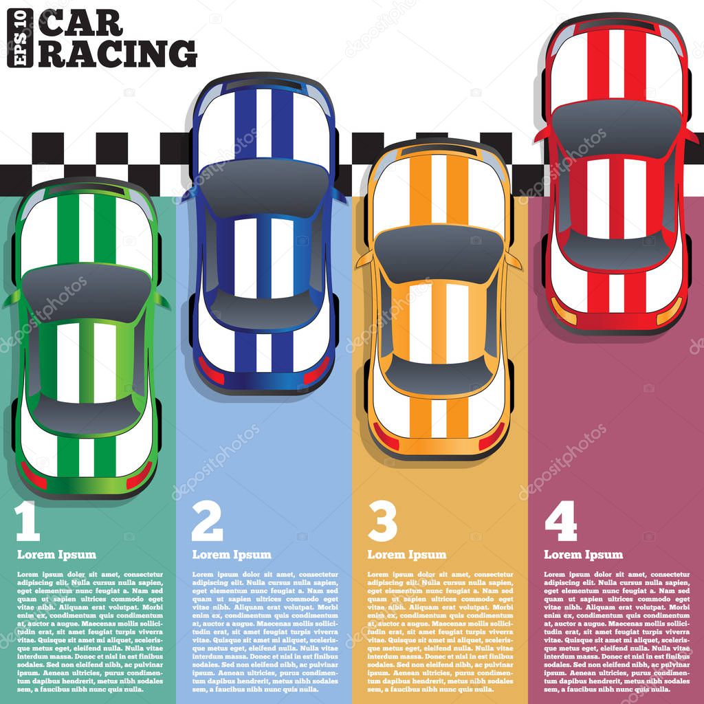 Racing cars at the finish line. View from above. The template for the presentation. Vector illustration.