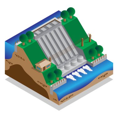 Hidroelektrik Santrali. Ekoloji. İzometrik. Vektör çizim.