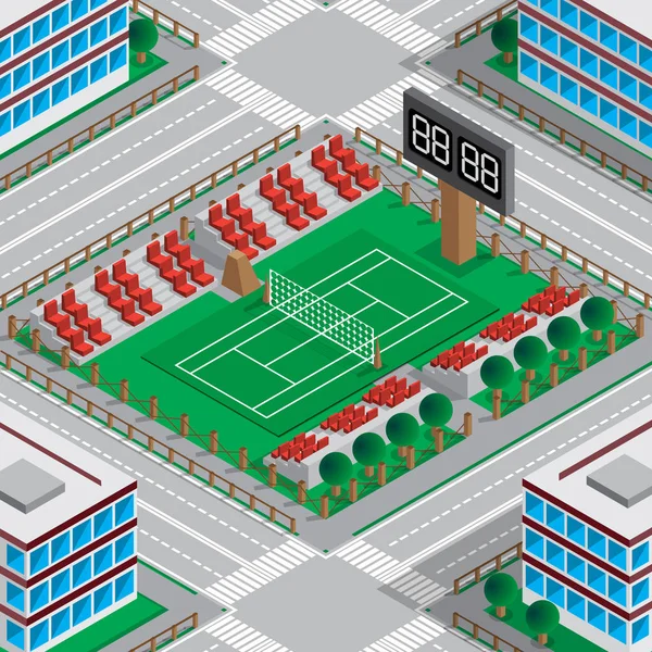 Karte Des Stadions Mit Tennisplatz Isometrisch Vektorillustration — Stockvektor