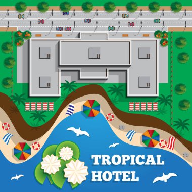 Sahilde oteldir. Yukarıdan görüntüleyin. Vektör çizim.