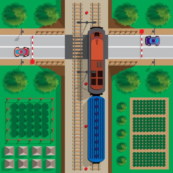 Cruzamento Ferroviário Vista Cima Ilustração Vetorial —  Vetores de Stock