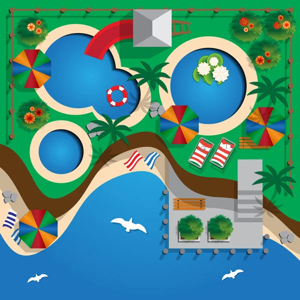 Planen Sie Einen Wasserpark Strand Blick Von Oben Vektorillustration — Stockvektor