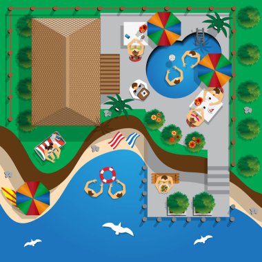 Sahilde havuzlu ev. Halkı dinlenecek bir yer. Yukarıdan görüntüleyin. Vektör çizim.