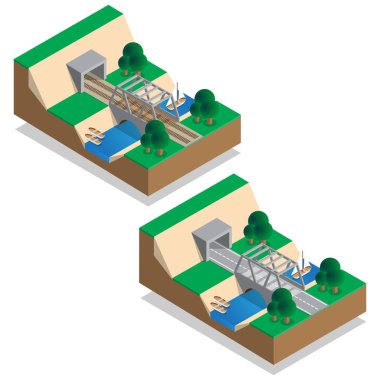 Demiryolu ve karayolu köprüleri. Tüneller. İzometrik. Vektör çizim.
