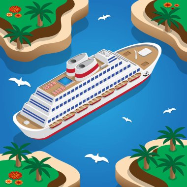Cruise liner lagün içinde. İzometrik. Vektör çizim.