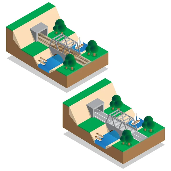 Železniční Silniční Mosty Tunelová Propojení Izometrické Vektorové Ilustrace — Stockový vektor