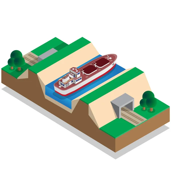 Železniční Tunel Pod Řekou Izometrické Vektorové Ilustrace — Stockový vektor