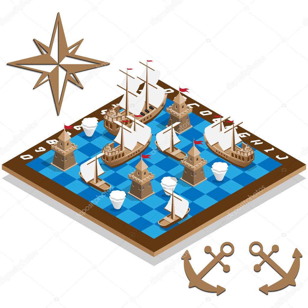 Battleship. Sailboats. Game set. Isometric. Vector illustration.