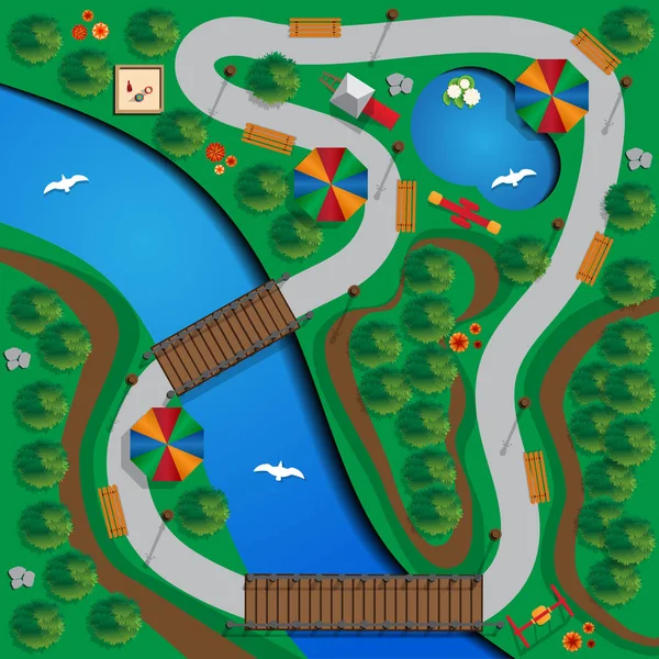 川や湖のある公園 上からの眺め ベクトル図 — ストックベクタ
