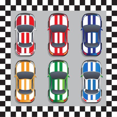 Yarış arabaları kümesi. Yukarıdan görüntüleyin. Vektör çizim.