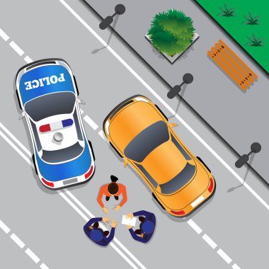 Polis suçlu durdu. Kötü sürüş. Yukarıdan görüntüleyin. Vektör çizim.