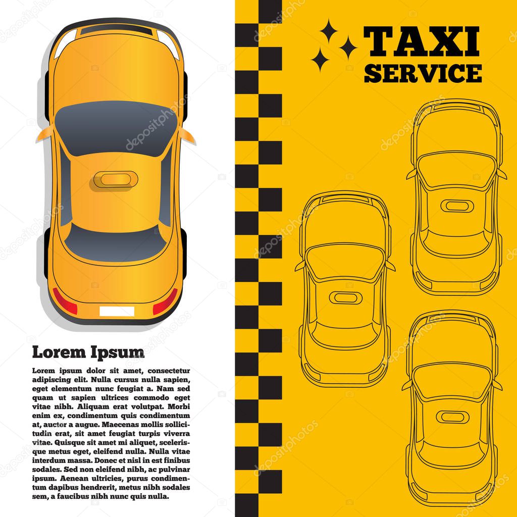 Taxi service. Top view of the car. Vector illustration.