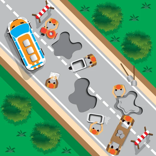 Yol tamiri. Yukarıdan görüntüleyin. Vektör çizim.