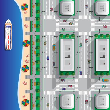 Beach City. Yaz tatili. Yukarıdan görüntüleyin. Vektör çizim.